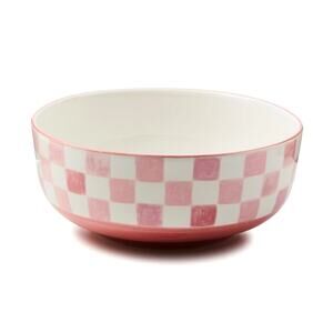NEW Mackenzie-Childs Pink Check Serving Bowl 9.75in Hand Painted In Portugal